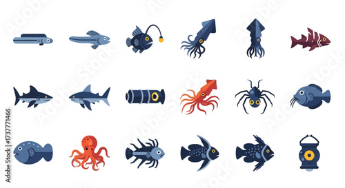 Diverse collection of underwater creatures and marine life illustrations.
