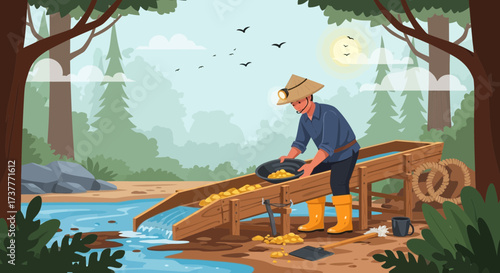 Gold Miner Illustration – Traditional Mining at River, Man Extracting Gold with Pan and Sluice Box, Natural Resource, Treasure Hunt, Adventure Concept