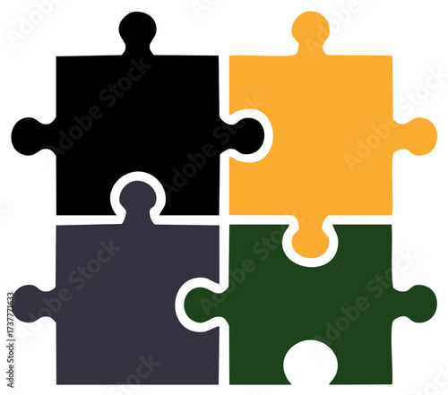 Four puzzle pieces in yellow, black, green, and purple colors forming a whole