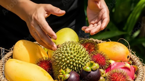 Dynamic Close-up: Hands Gently Arranging a Vibrant Basket of Exotic Tropical Fruits, Featuring Durian, Mango, Rambutan, and Mangosteen.