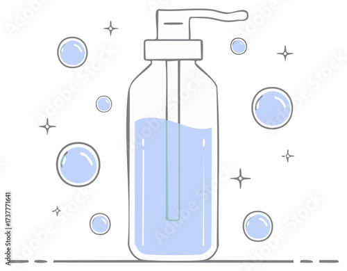 Hand drawn soap dispenser with bubbles and sparkles icon style illustration