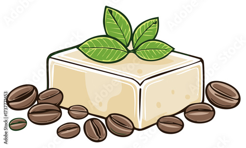 Delicious creamy dessert block with fresh mint leaves and scattered coffee beans illustration