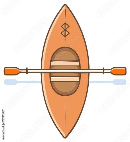 Overhead cartoon illustration of an orange kayak and paddle ready for a water adventure