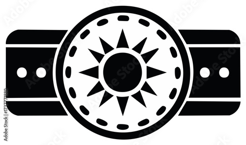 Black And White Graphic Emblem Circular Sunburst Design Decorative Belt Buckle Illustration