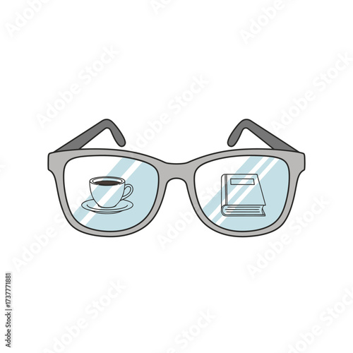 Eyeglasses Reflecting a Cup of Coffee and a Book, Symbolizing Leisure and Knowledge.