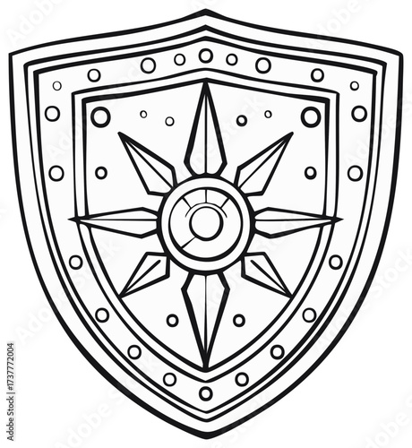 Medieval Shield with Starburst Emblem Black and White Line Art Illustration