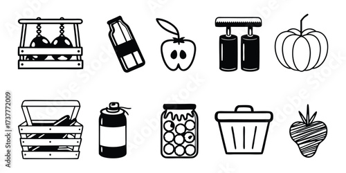 Fruit and Vegetable Icons with Crates and Jars in Black and White stocks an apple, pumpkin, beet, bottle, jar, crate, trash can, icon, symbol, food, vector illustration. 