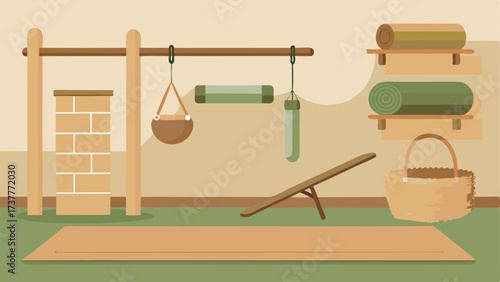 A home gym with a bamboo mat a wallmounted ballet barre and storage baskets made of woven seagrass.