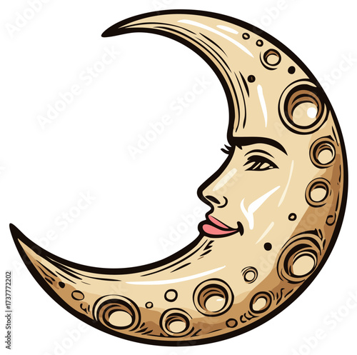 Crescent Moon with Face Vintage Celestial Illustration Vector