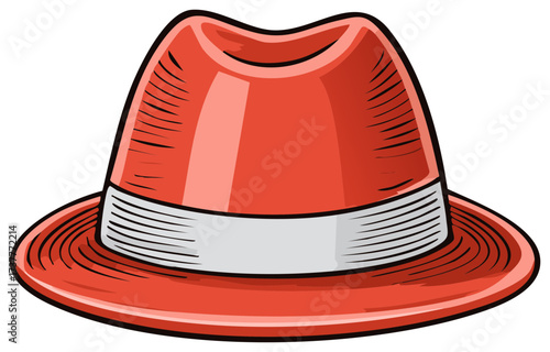 Cartoon Illustration of a Classic Red Fedora with a White Hat Band Accessory