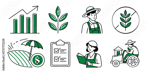 Hand-drawn agricultural icons for farming and business concepts, agriculture, farming, business, growth, harvest, vector illustrations. 
