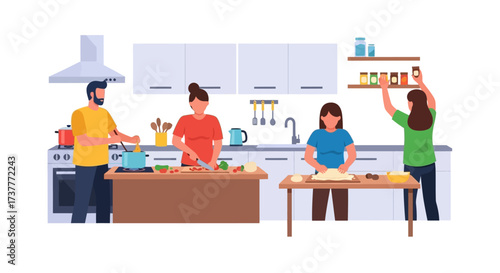 Family cooking together in a modern kitchen preparing a meal.