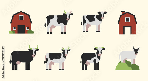 Farm animals and barns collection illustration.