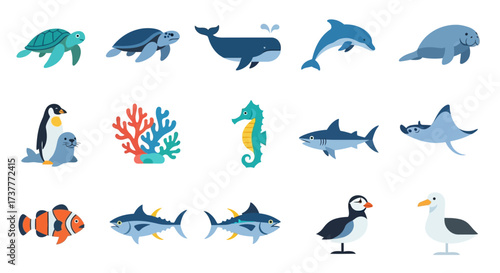 Flat Design Sea Creatures and Coastal Birds Collection.