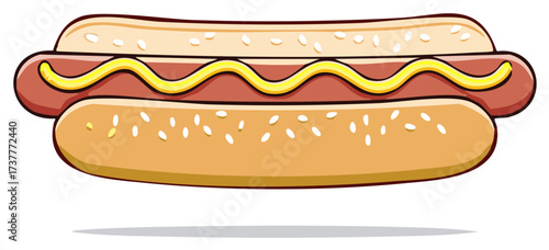 Cartoon Hot Dog with Sausage and Mustard Topping, Sesame Seed Bun for Fast Food Icon or Menu Design