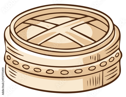 Cartoon illustration of a traditional bamboo steamer basket for Asian food and dim sum