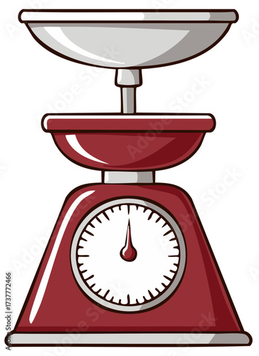 Illustration of a maroon kitchen scale with a silver pan for weighing ingredients