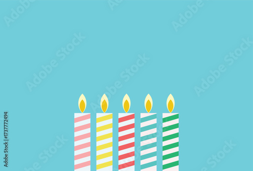 Minimal flat illustration of five striped birthday candles with flames, standing in a row against a light blue background.