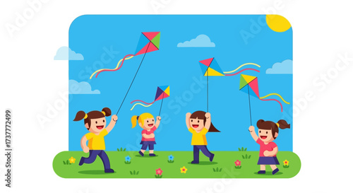 Four happy cartoon girls running and playing with colorful kites.