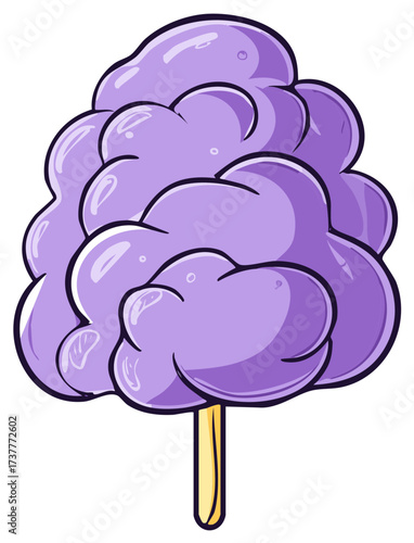 Cartoon illustration of a purple cotton candy treat on a stick.