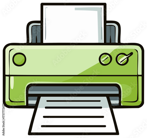 Green cartoon printer dispensing paper with a modern design and clean lines