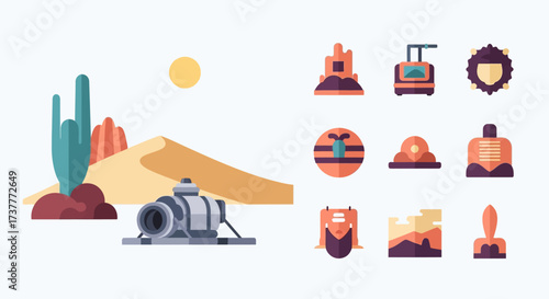 Futuristic science fiction desert exploration icon set.