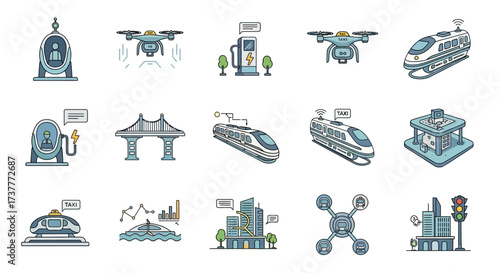 Futuristic transportation and technology urban landscape illustration.