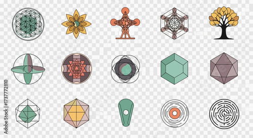 Geometric shapes and symbols collection on transparent background.