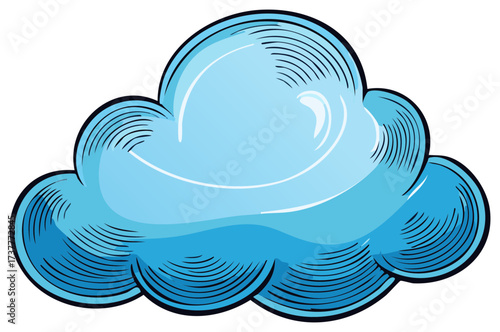 Delicate Blue Cloud Illustration in Engraved Style Isolated on White Background Weather Symbol
