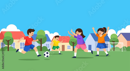 Group of diverse children playing soccer together outdoors.