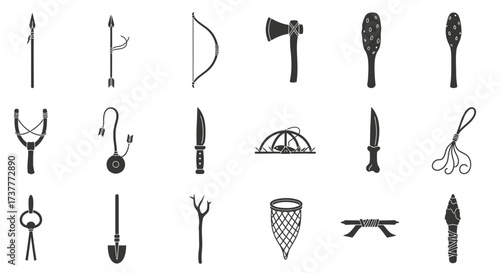 Hand drawn set of hunting and survival tools.
