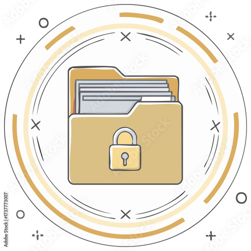 Digital File Security Illustration of a Folder With Documents and Padlock, Encrypted Archive