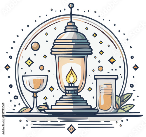 Ornate Lantern Glassware and Mystical Symbols Illustration in Soft Tones