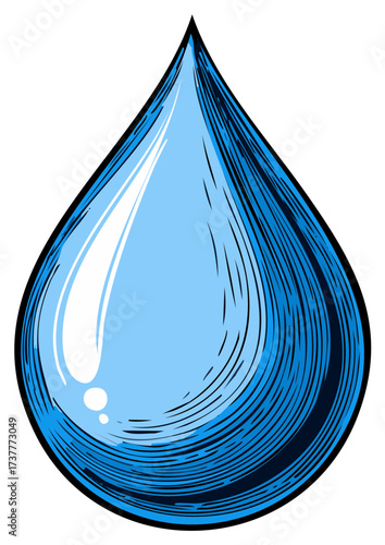Stylized Blue Water Droplet with Black Outline and Shading