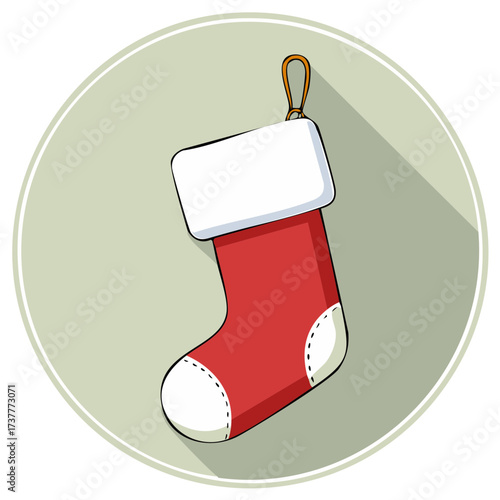 Festive Christmas stocking illustration in a round frame with a long shadow.