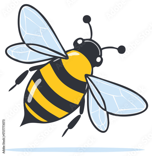 Cartoon Honeybee Flying with Yellow and Black Stripes on White Background