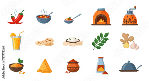 Indian Cuisine Icons - Spices, Dishes, and Cooking Elements.