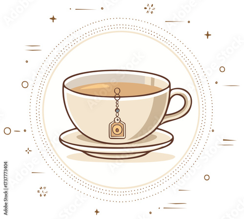 Stylized Illustration of Teacup with Tea Bag and Saucer over Ornate Circle Border