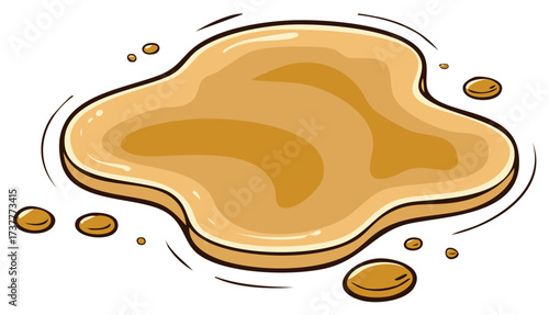 Spilled liquid illustration with drops: golden cartoon honey or caramel puddle on floor, isolated on white, stain