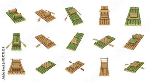 Isometric Collection of Bamboo Rafts for Water Travel.