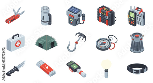 Isometric Survival Gear and Emergency Equipment Collection.