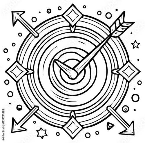Stylized target with arrow hit and arrows pointing outwards surrounded by decorative elements