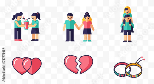 Love and relationships depicted through various symbolic illustrations of couples and hearts.