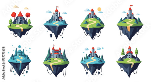 Magical Floating Islands with Castles and Fantasy Landscapes.
