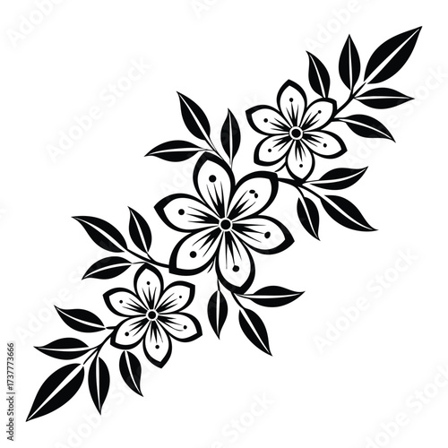 Elegant black and white illustration of a delicate floral branch with blooming cherry blossoms and detailed leaves in a stylized artistic design