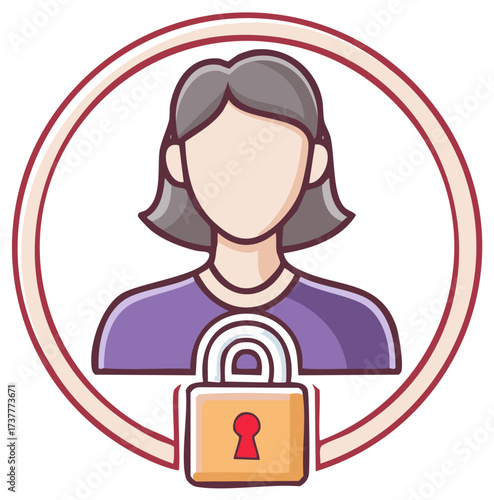 Female user icon with a padlock symbolizing a private account, online security, and data protection.