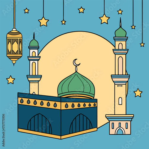A stylized illustration of the kaaba in mecca with minarets and lanterns hanging against a pale yellow moon and a blue background with stars