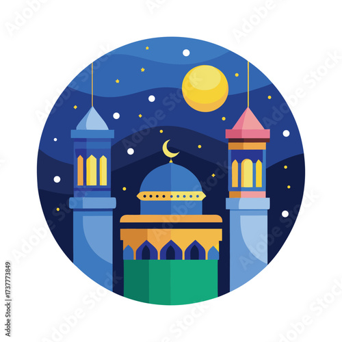 Beautiful islamic mosque with tall minarets and dome under a starry night sky with a full moon and crescent moon symbol