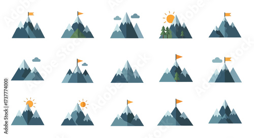 Mountain peaks with flags and sun, representing goals and achievements.