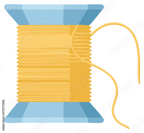 Blue spool of yellow sewing thread unwinding for crafting and needlework cartoon icon
